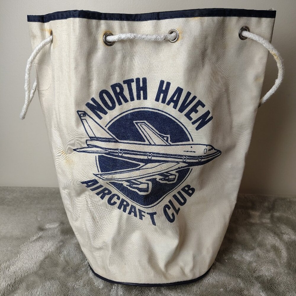 Vintage NORTH HAVEN AIRCRAFT CLUB Drawstring Bag Canvas Distressed Retro Travel
